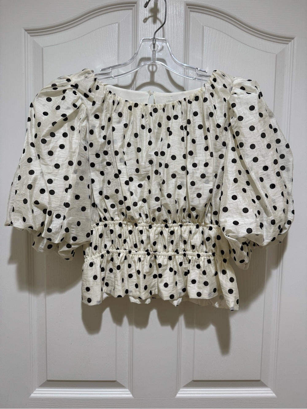 Joie Ivory Black Polka Dot Puff Sleeve Smocked Peplum Top S